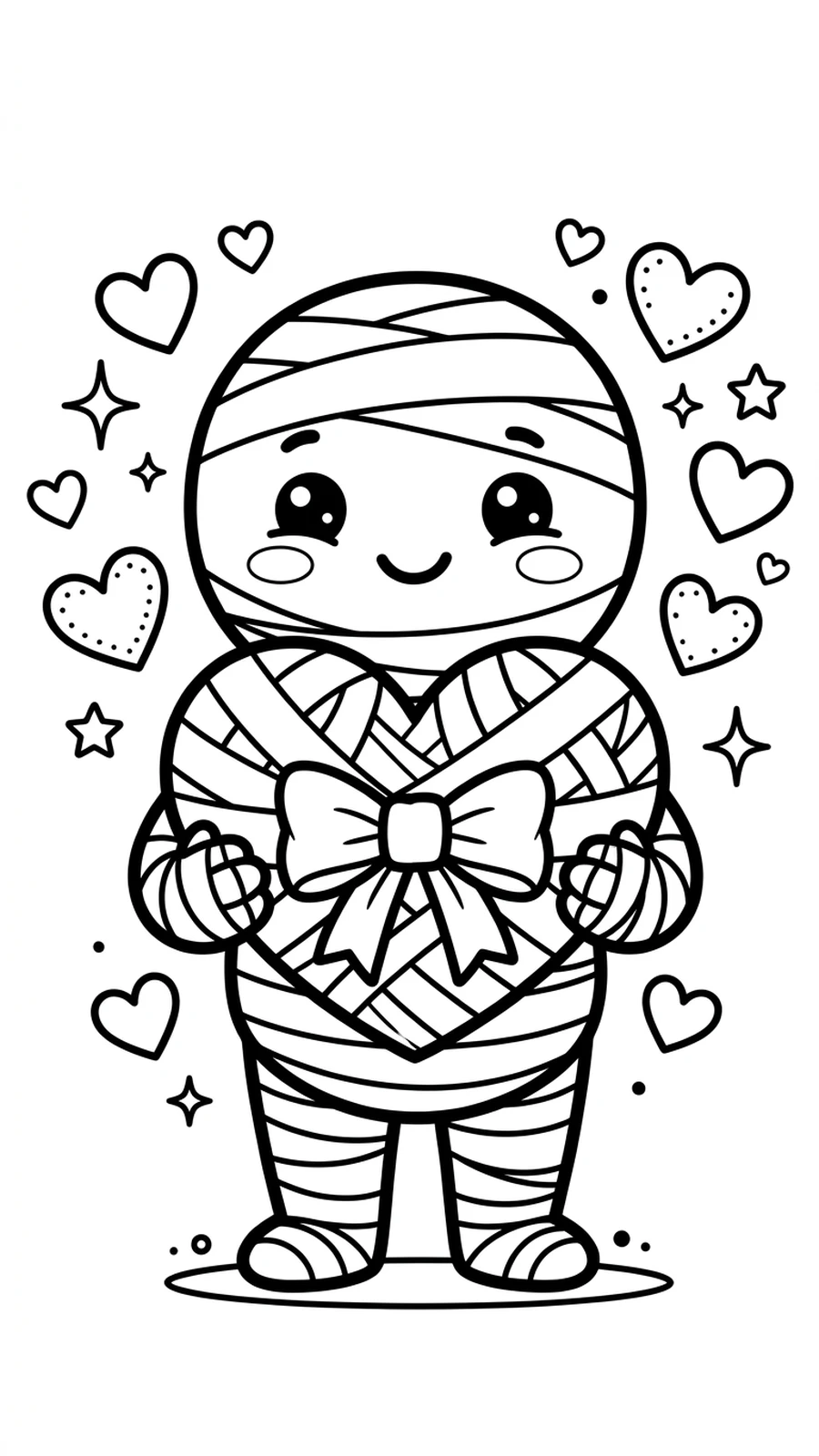 Coloriage momie tenant un cœur fait de bandelettes, page mignonne à imprimer