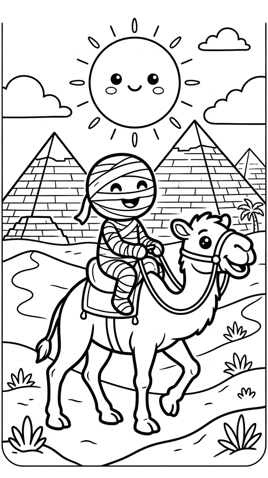 Coloriage momie sur un chameau souriant devant les pyramides, scène de voyage