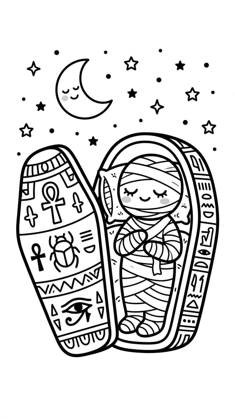 Coloriage momie endormie dans un sarcophage ouvert sous la lune et les étoiles