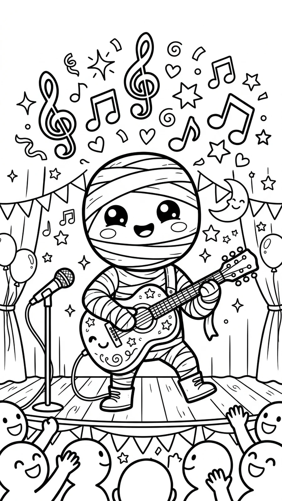 Coloriage momie jouant de la guitare, concert amusant à colorier pour enfants