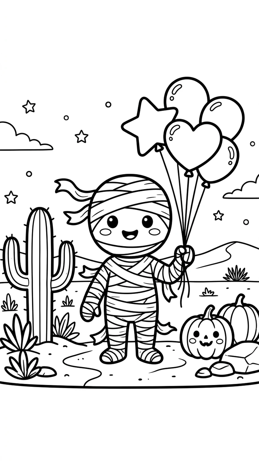 Coloriage momie avec un bouquet de ballons dans le désert, bandelettes au vent