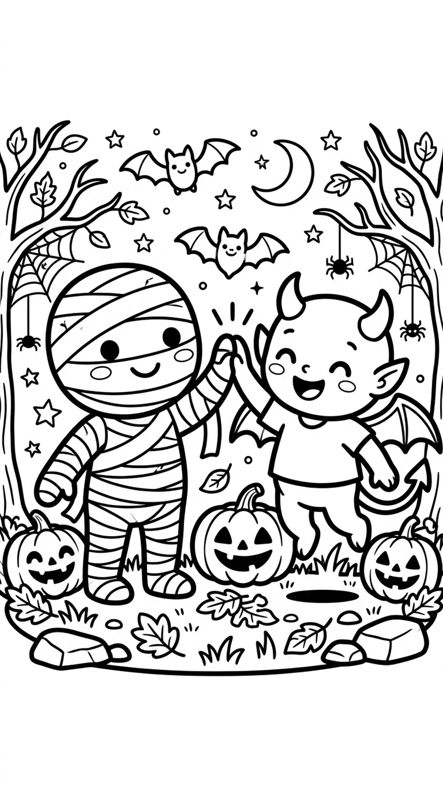 Coloriage momie et petit diable se tapant dans la main, amis d'Halloween à colorier