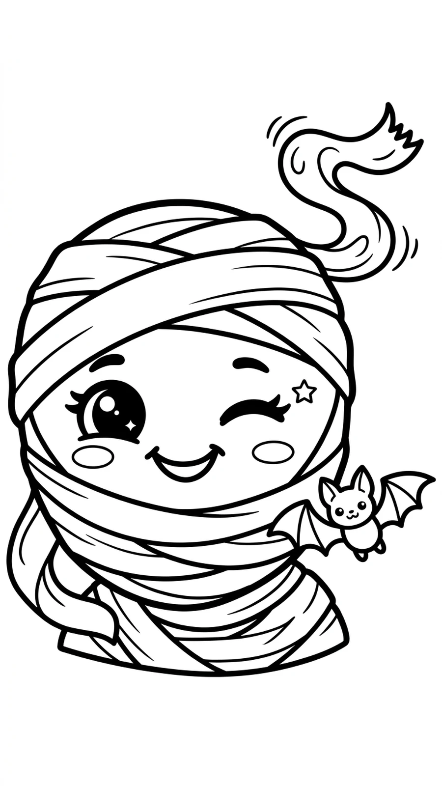 Coloriage gros plan d'une momie mignonne qui fait un clin d'œil, bandelette au vent