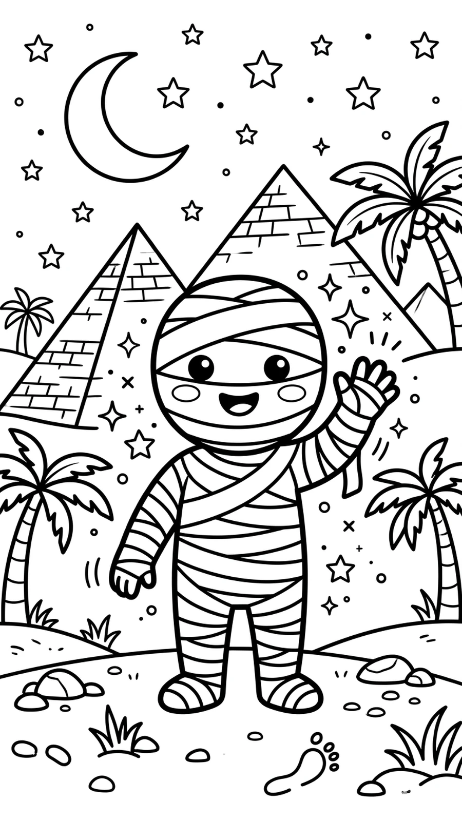 Coloriage momie qui salue entourée de pyramides, palmiers et croissant de lune