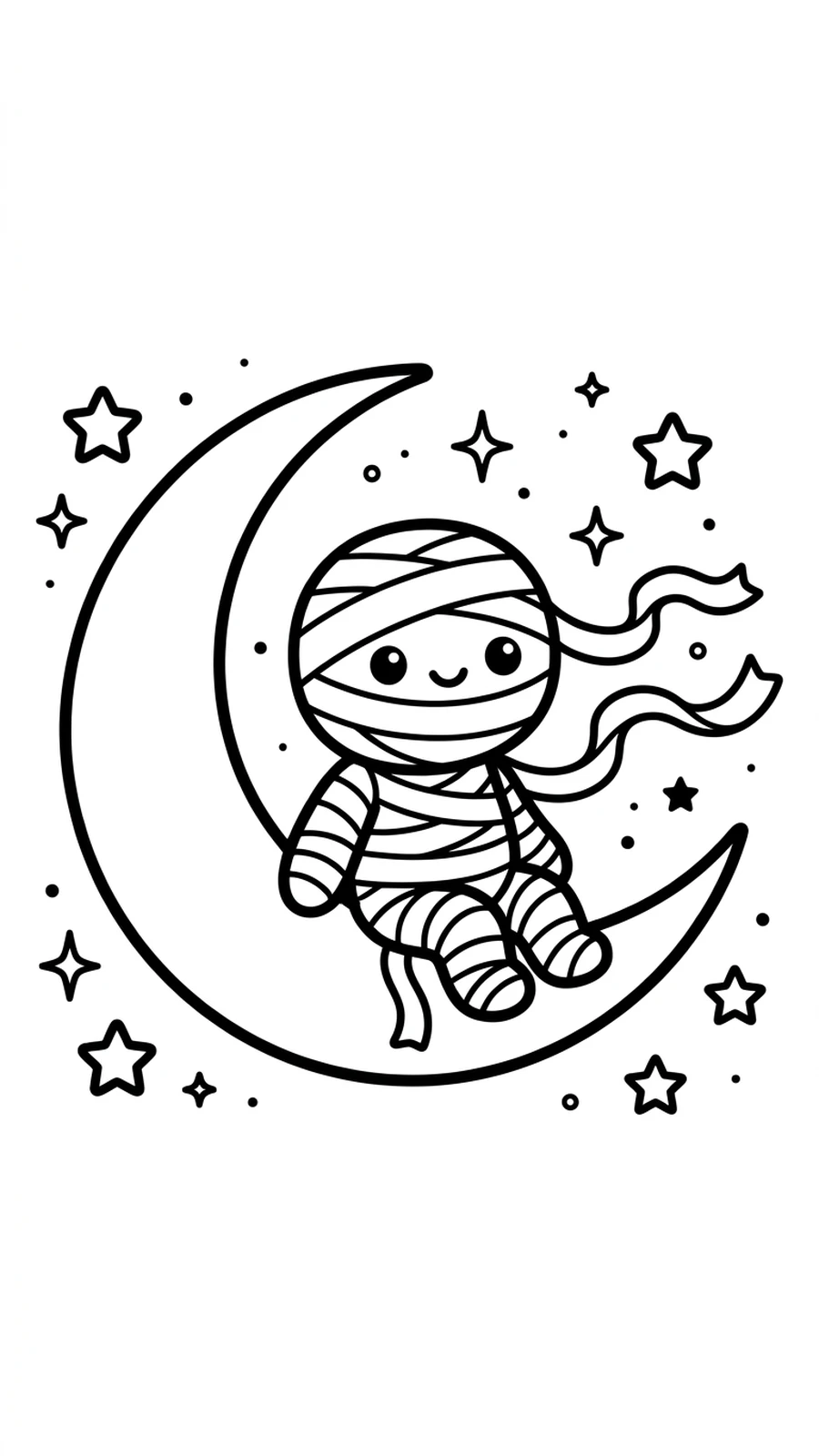 Coloriage momie assise sur un croissant de lune, bandelettes flottant parmi les étoiles