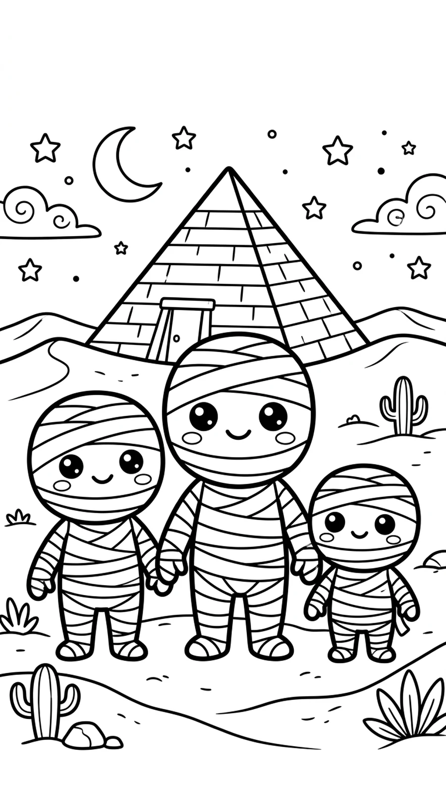 Coloriage trois momies de tailles différentes devant une pyramide, page pour enfants