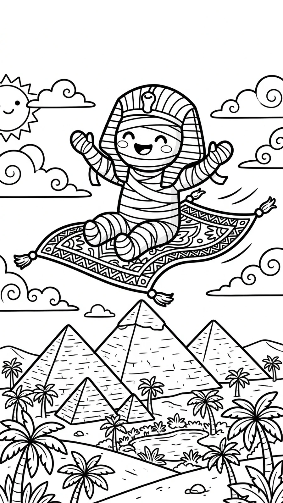 Coloriage momie sur un tapis volant au-dessus des pyramides et des palmiers