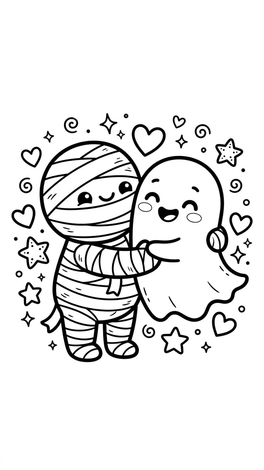 Coloriage momie qui fait un câlin à un gentil fantôme, dessin mignon d'Halloween