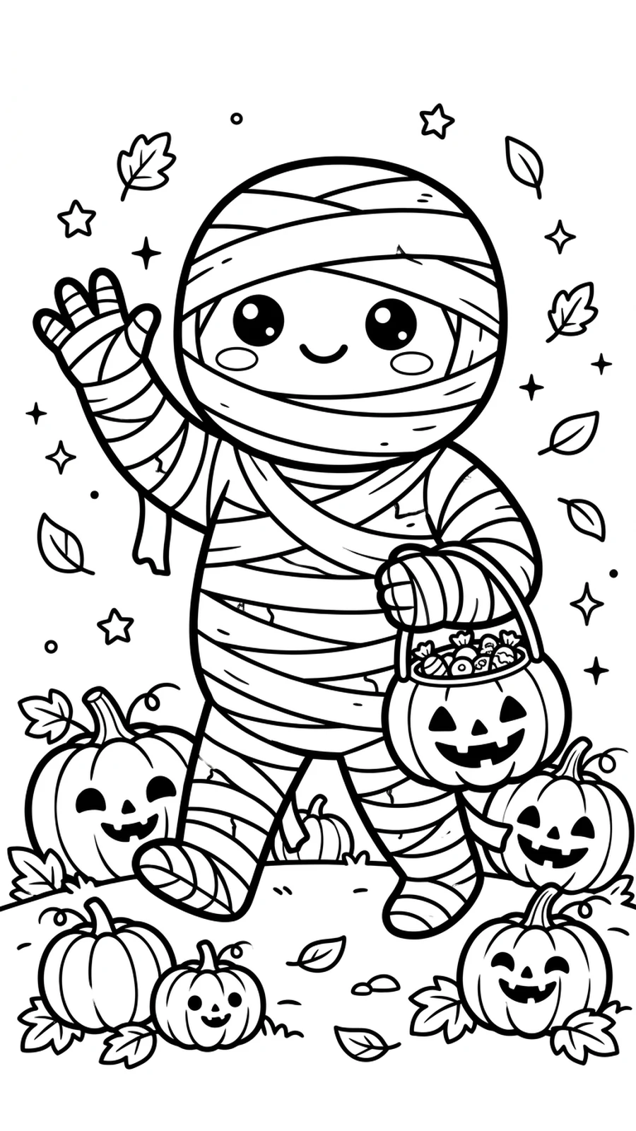 Coloriage momie avec un seau citrouille plein de bonbons, prête pour Halloween