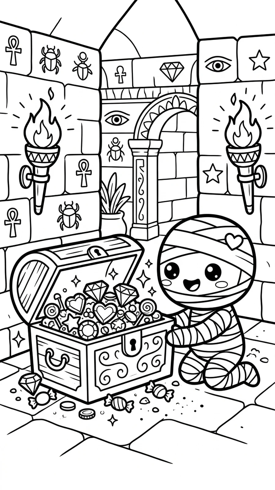 Coloriage momie découvrant un trésor de bonbons dans une tombe de pyramide