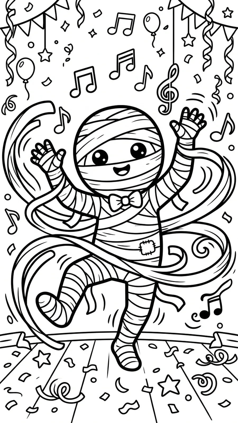 Coloriage momie qui danse, bandelettes tourbillonnantes et notes de musique