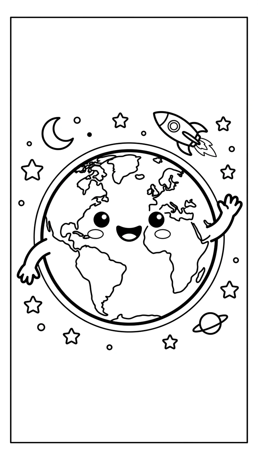 Coloriage planète Terre kawaii qui fait signe de la main, étoiles, lune et petite fusée autour