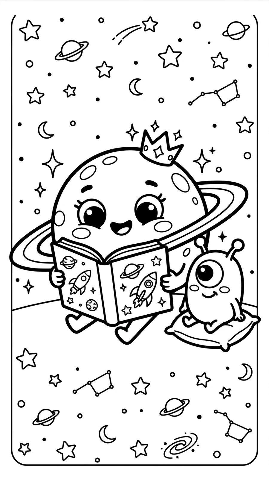 Coloriage planète à anneaux kawaii qui lit un livre avec un petit extraterrestre, étoiles autour