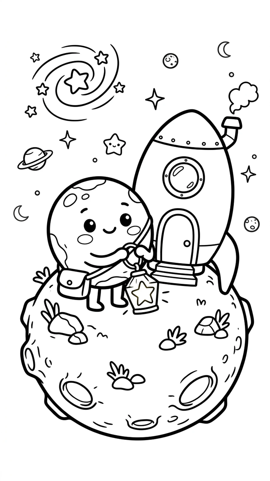 Coloriage planète kawaii tenant une lanterne étoile devant une maison fusée sur une petite planète