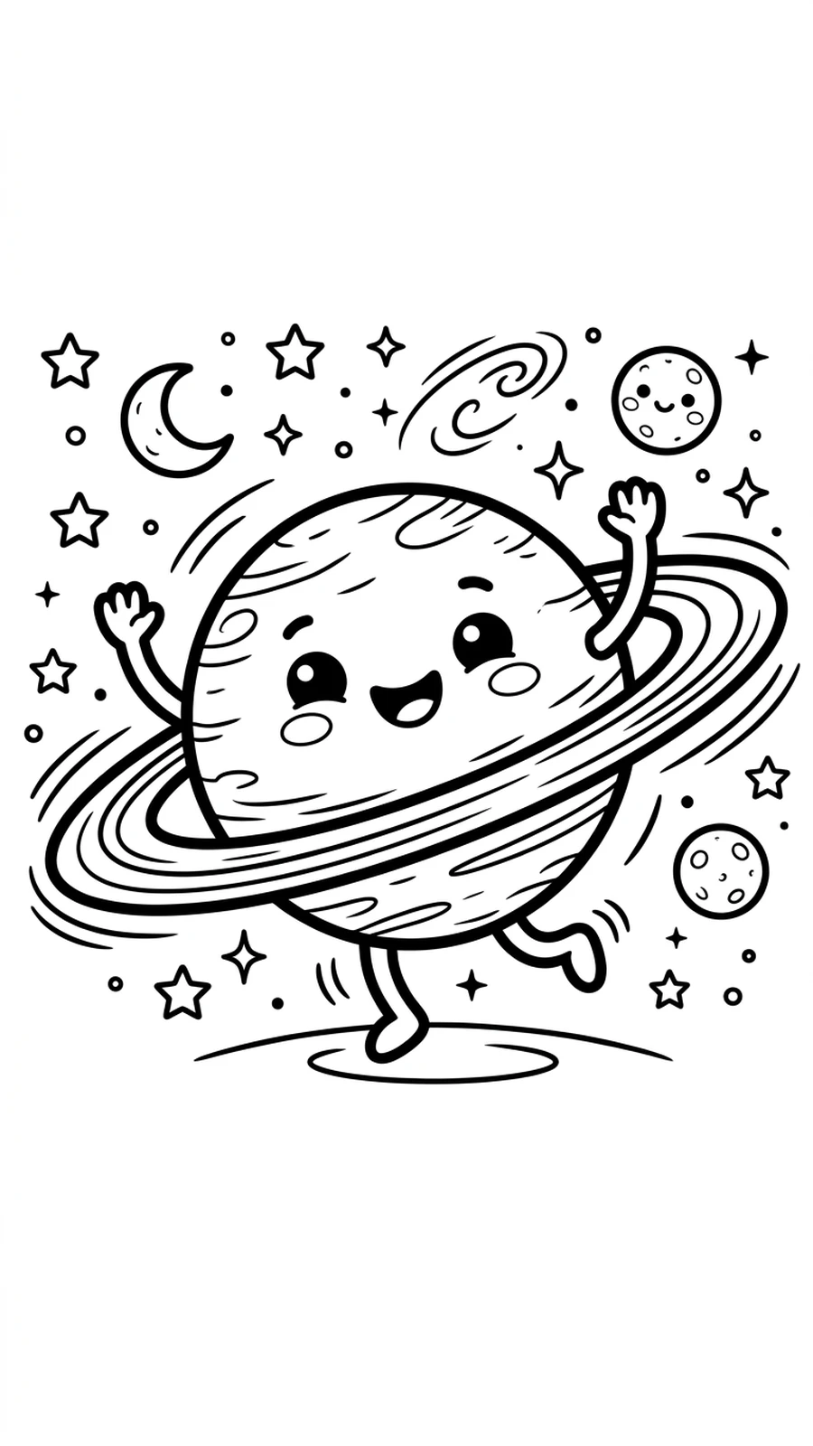 Coloriage planète à anneaux kawaii qui danse dans l'espace, étoiles et lune autour