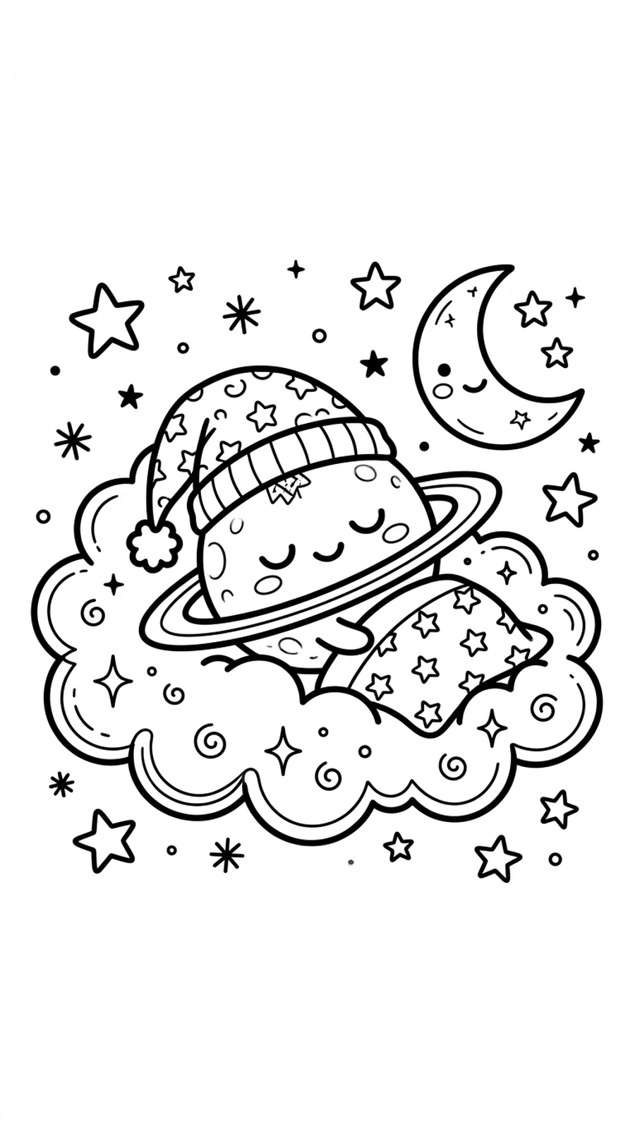 Coloriage planète kawaii qui dort sur un nuage moelleux avec un bonnet de nuit, lune et étoiles