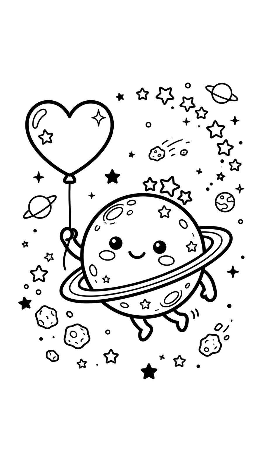 Coloriage planète à anneaux kawaii tenant un ballon en forme de cœur parmi les astéroïdes et les étoiles