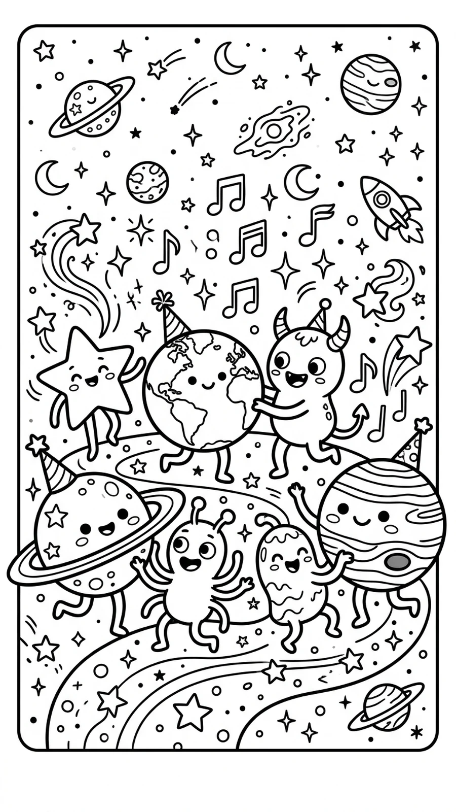 Coloriage fête dans l'espace avec planètes kawaii, extraterrestres et étoiles qui dansent, notes de musique
