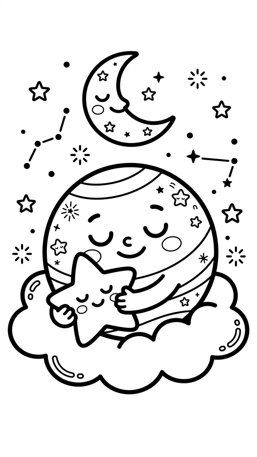 Coloriage planète kawaii endormie serrant un oreiller étoile sous un croissant de lune, scène paisible