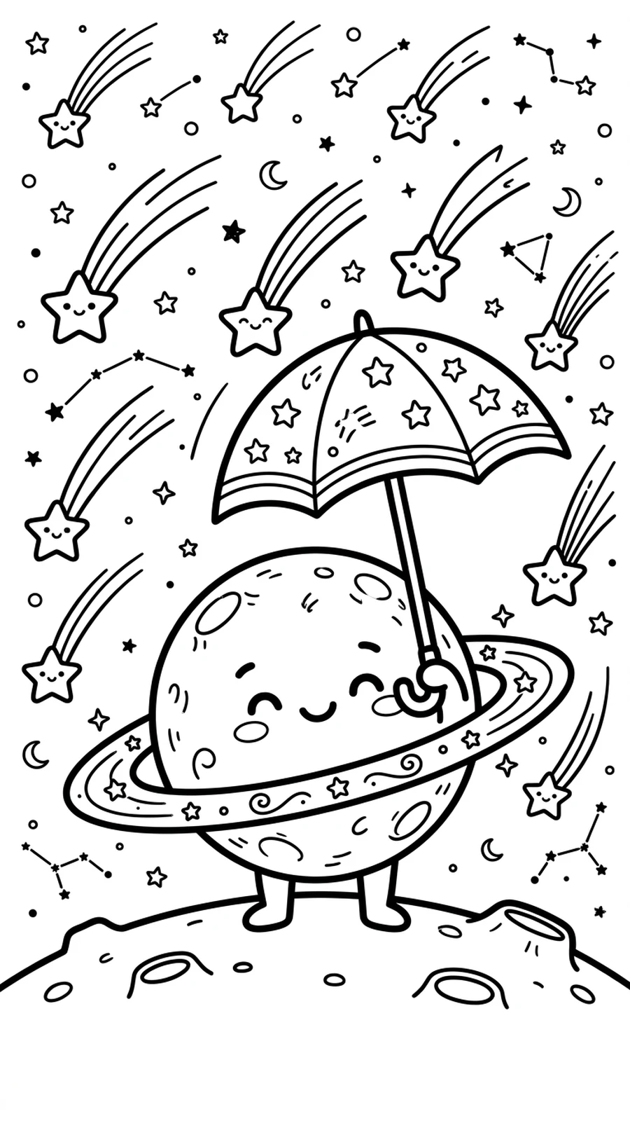 Coloriage planète à anneaux kawaii sous un parapluie pendant une pluie d'étoiles filantes