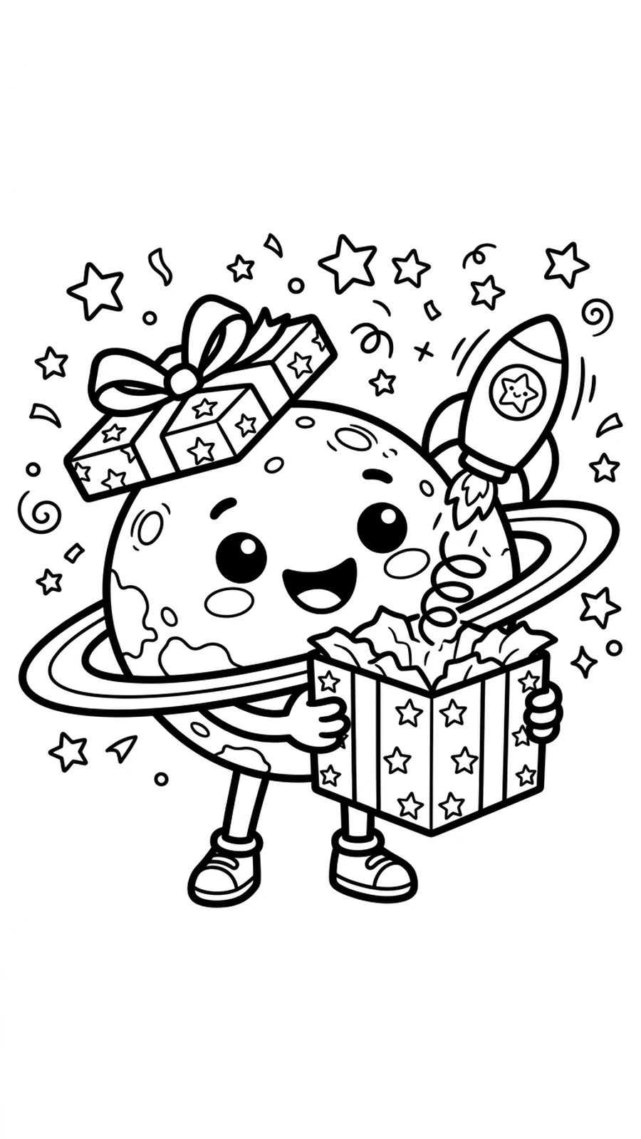 Coloriage planète kawaii ouvrant un cadeau d'où sort une petite fusée, étoiles confettis autour