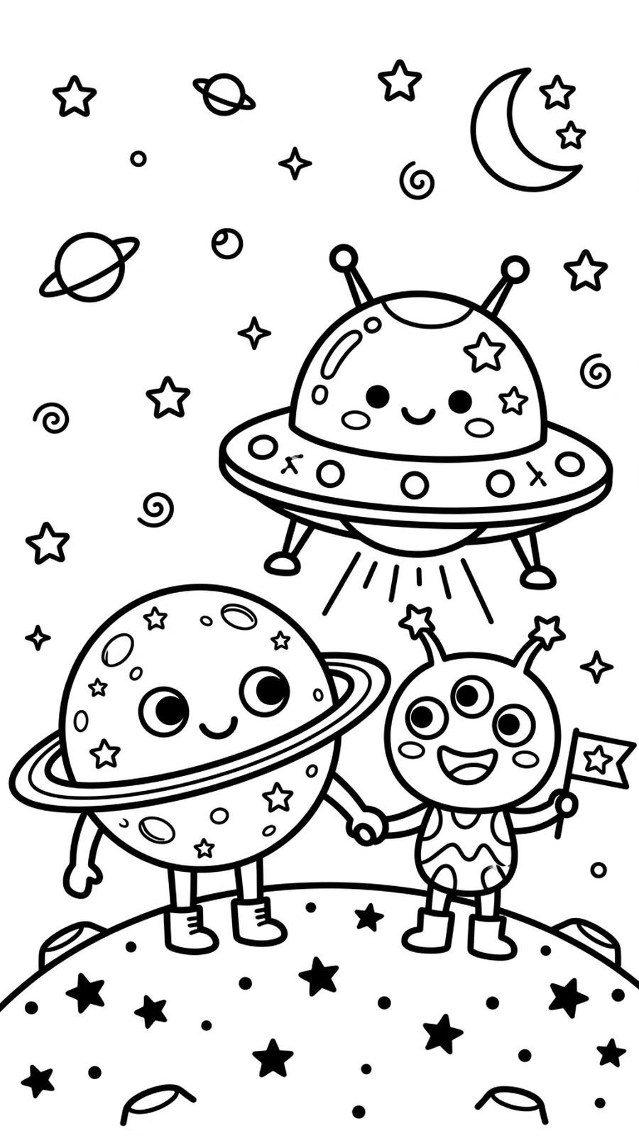 Coloriage planète kawaii et petit extraterrestre se tenant la main devant une soucoupe volante souriante