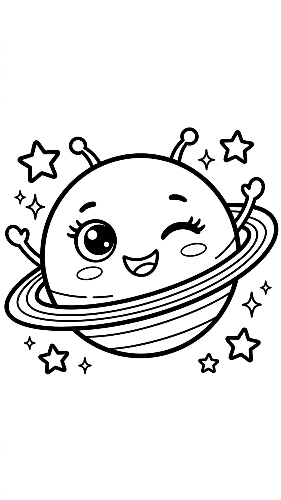 Coloriage gros plan d'une planète à anneaux kawaii qui fait un clin d'œil, étoiles autour de son visage