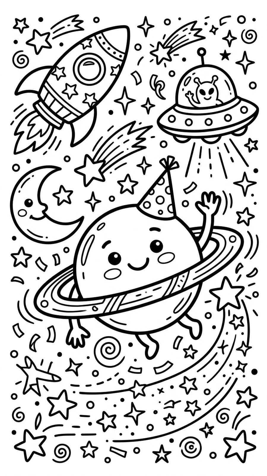 Coloriage planète kawaii avec un chapeau de fête qui fait signe, fusée, soucoupe volante et lune autour