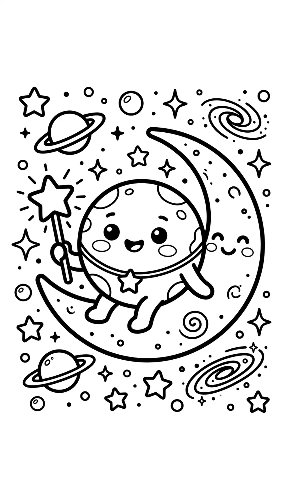 Coloriage planète kawaii assise sur un croissant de lune avec une baguette étoile, scène de rêve spatial
