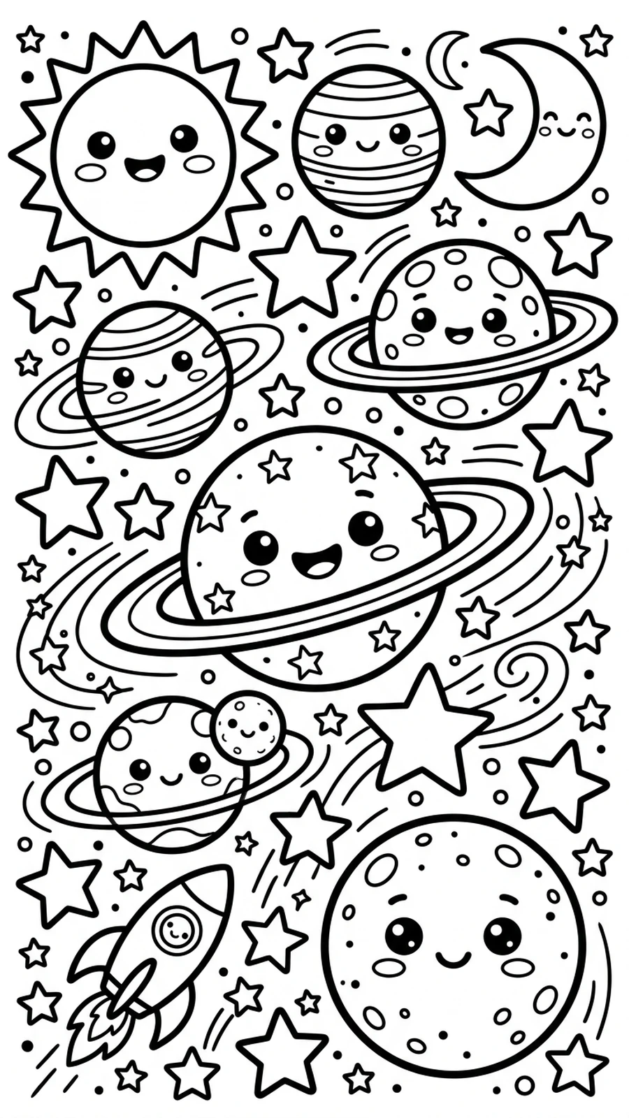 Coloriage cinq planètes kawaii de tailles différentes avec un soleil souriant, fusée et étoiles dans l'espace
