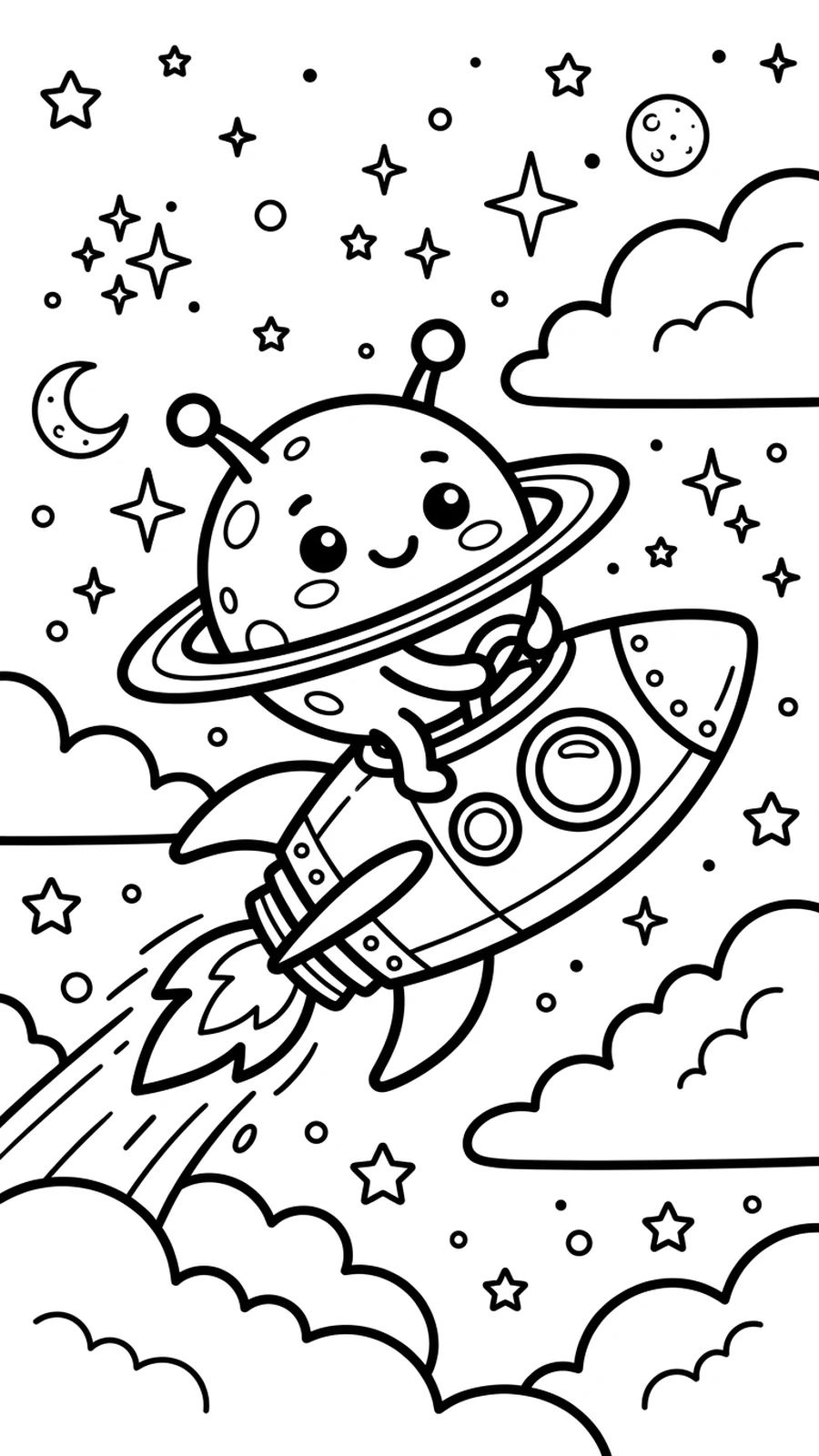 Coloriage planète kawaii à califourchon sur une fusée qui vole parmi les étoiles et les nuages