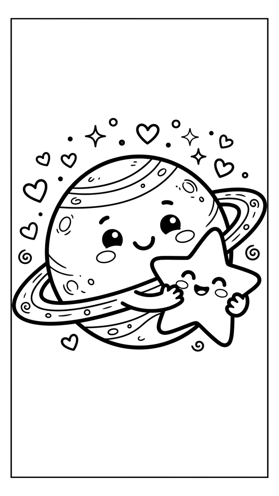 Coloriage planète à anneaux kawaii qui serre une étoile souriante contre elle, petits cœurs autour