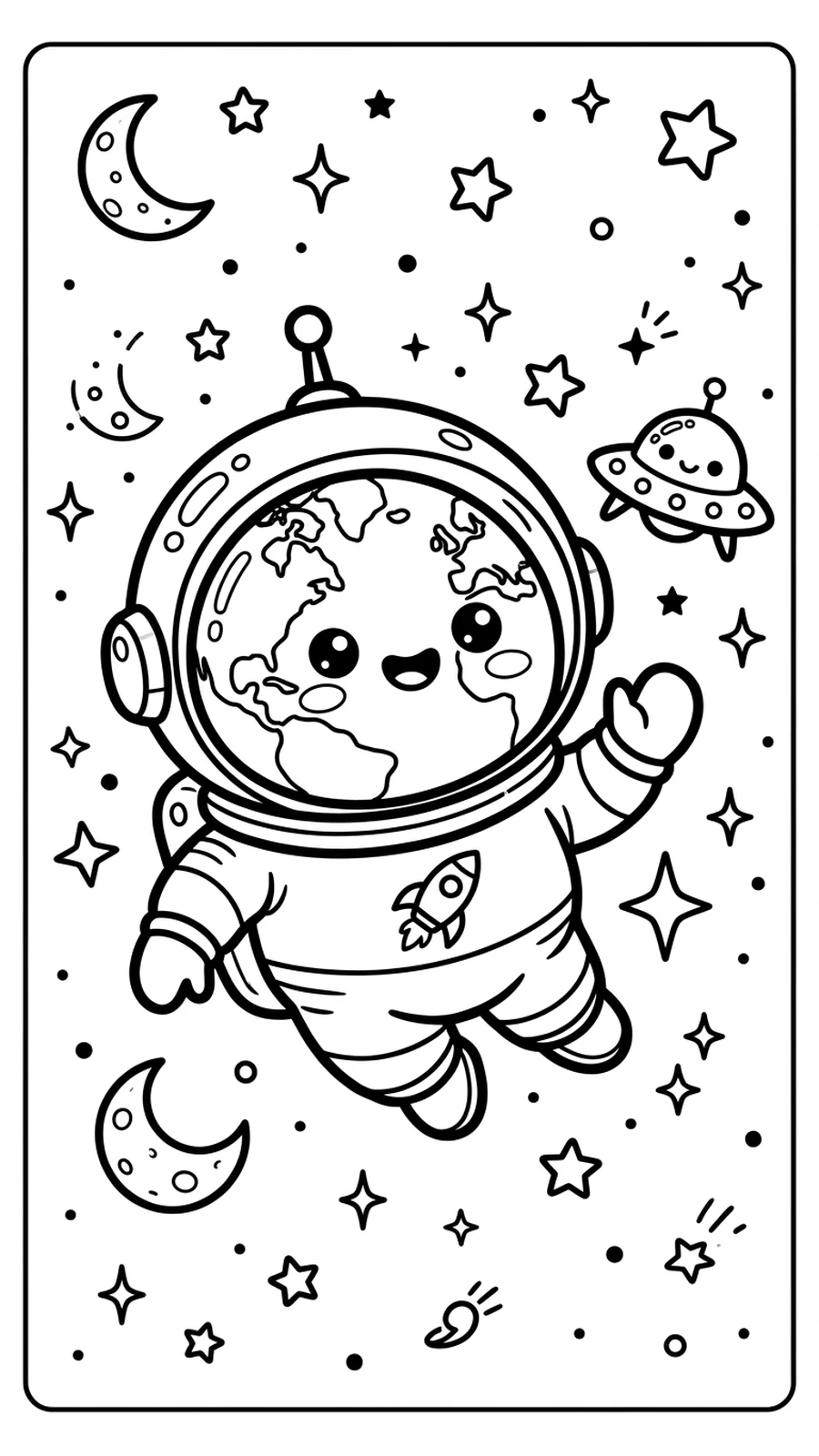 Coloriage planète Terre kawaii en combinaison d'astronaute flottant dans l'espace, soucoupe volante à côté