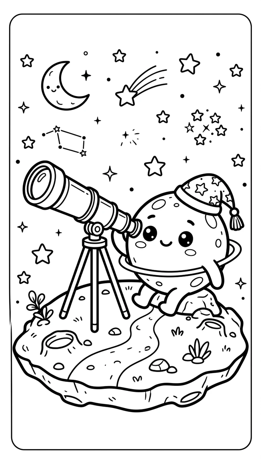 Coloriage petite planète kawaii avec un télescope sur un astéroïde, nuit étoilée à imprimer