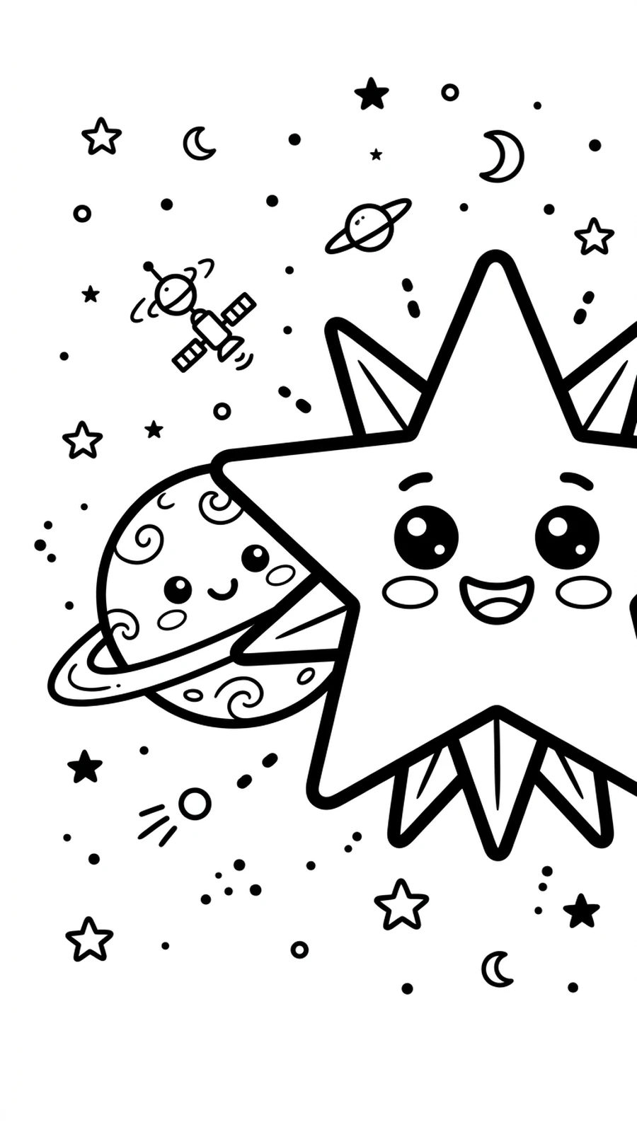 Coloriage planète kawaii qui se cache derrière une grande étoile souriante, jeu de cache-cache spatial