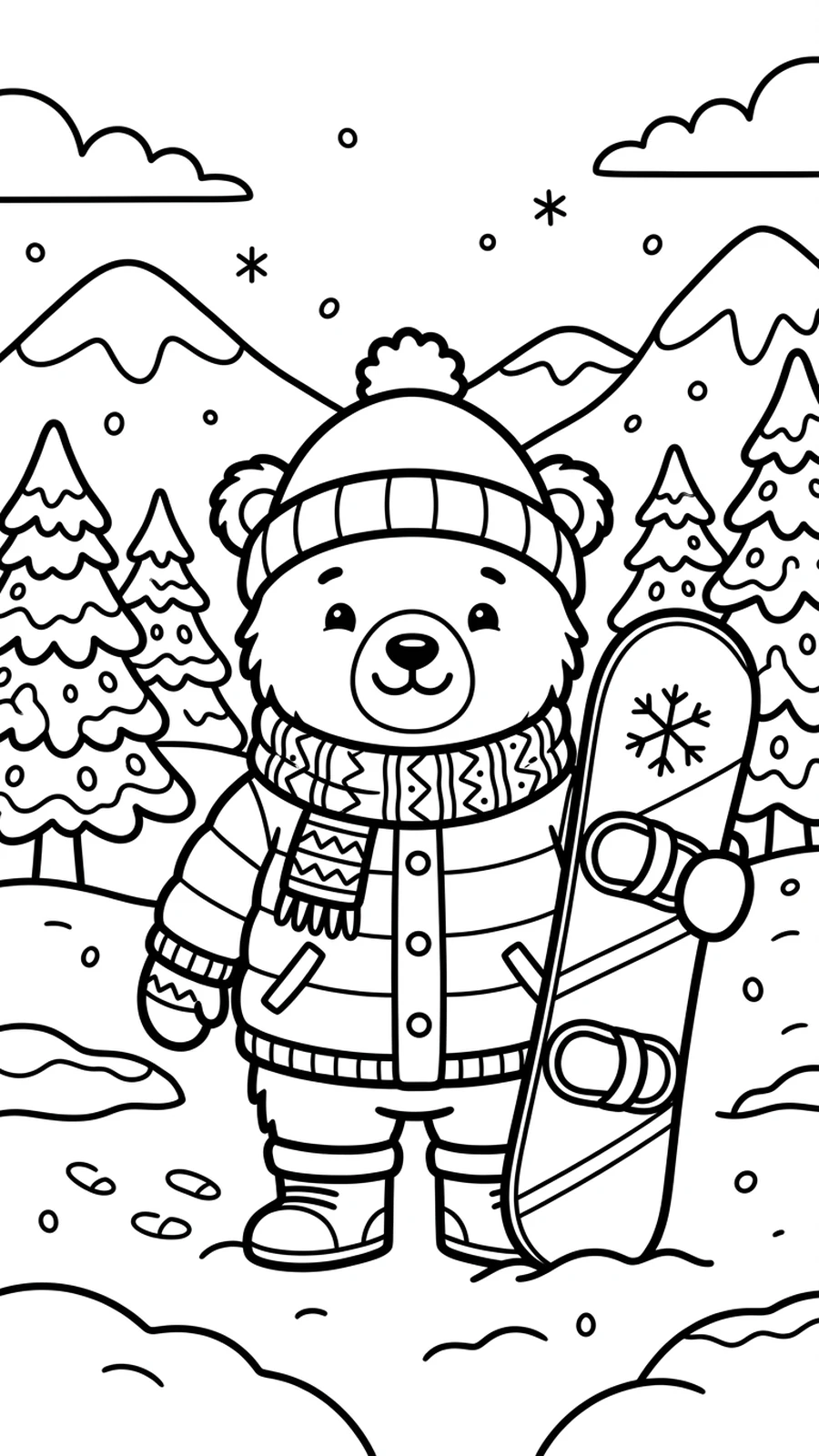 Coloriage ourson en vêtements d'hiver debout fièrement avec son snowboard, montagnes enneigées et sapins