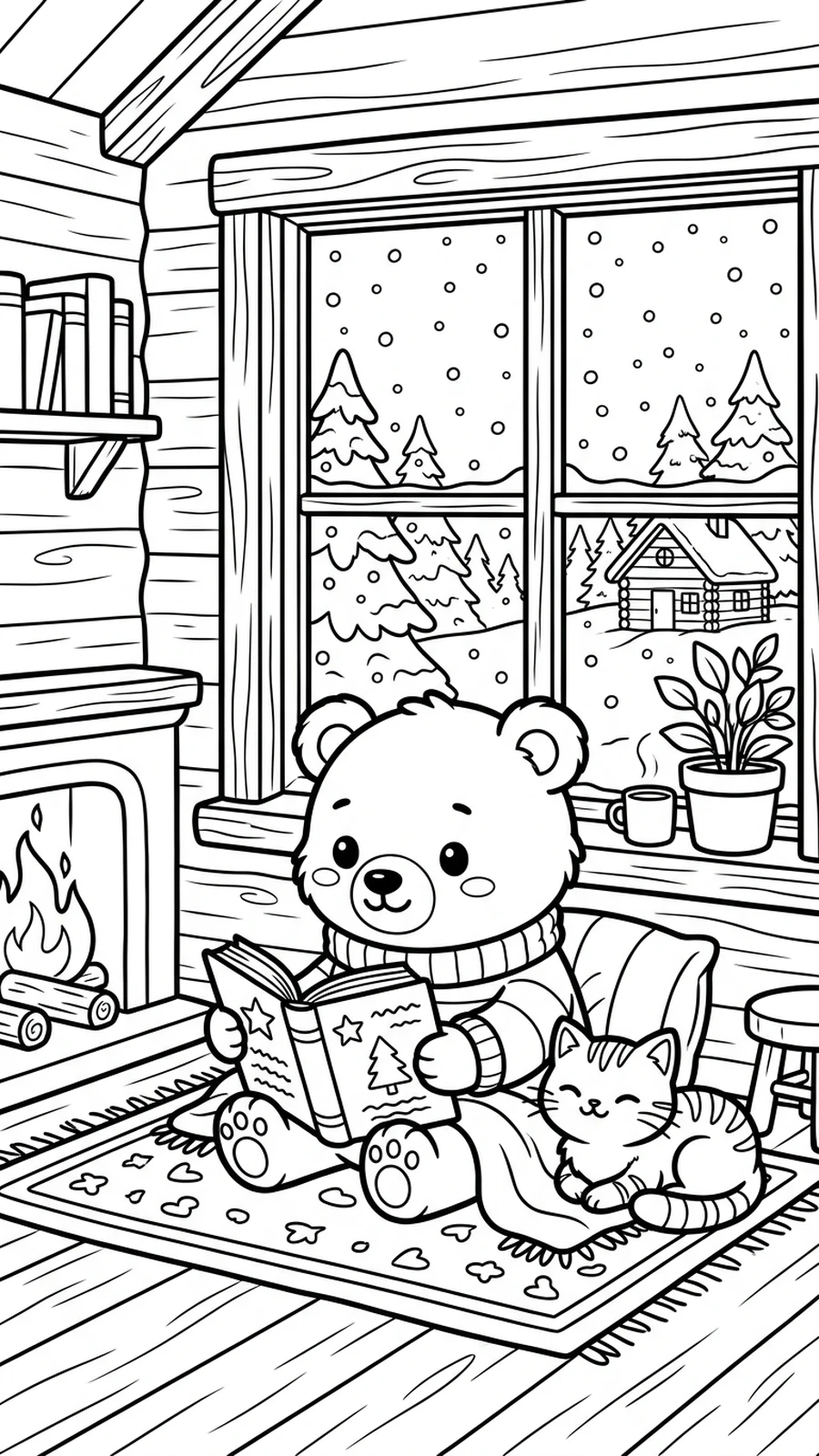 Coloriage ourson lisant un livre près d'une fenêtre de chalet avec un petit chat, neige dehors