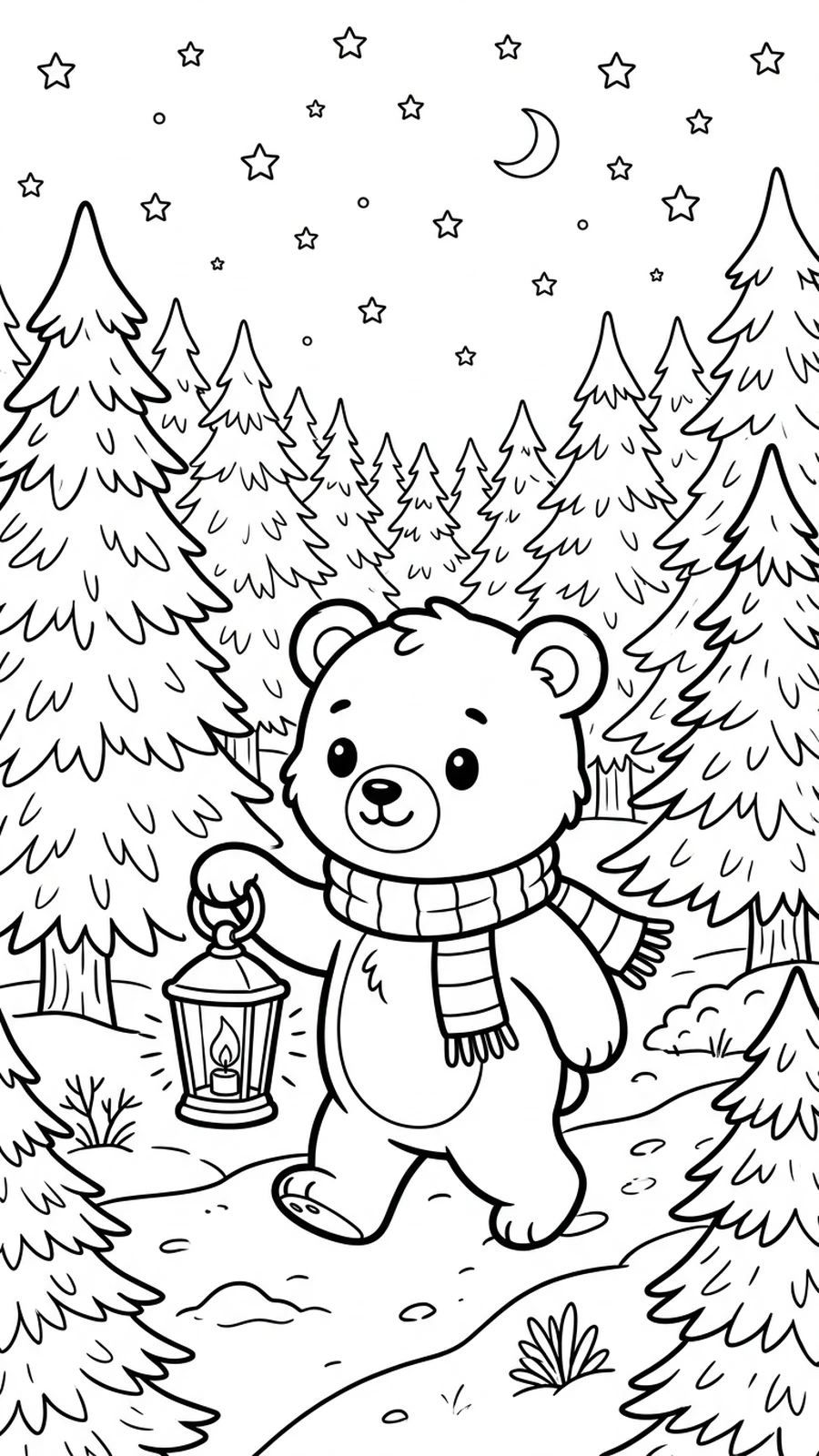 Coloriage ourson tenant une lanterne dans une forêt de sapins enneigés au crépuscule, étoiles au ciel