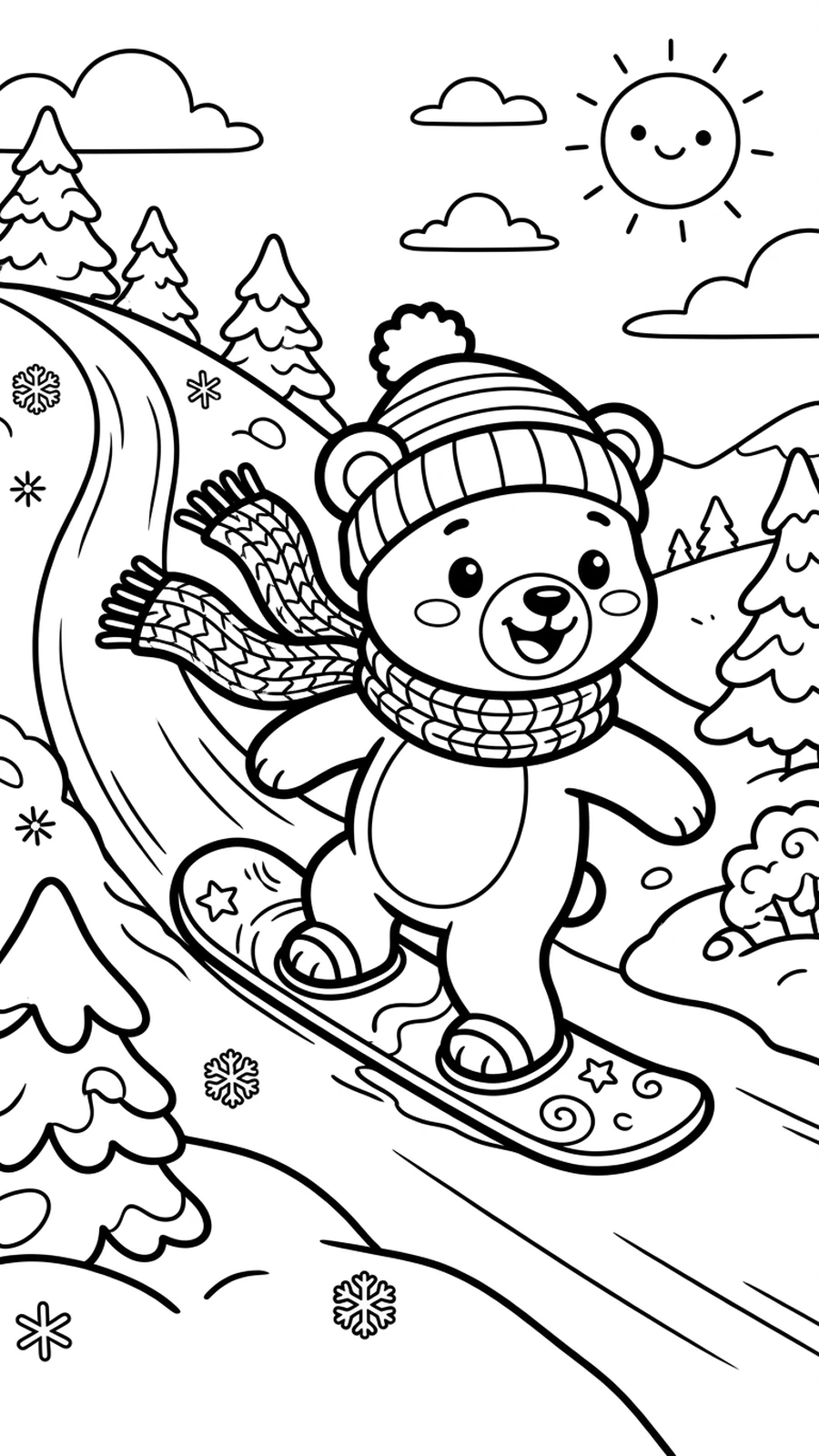 Coloriage ourson glissant sur une rampe enneigée en snowboard, écharpe volante, scène joyeuse