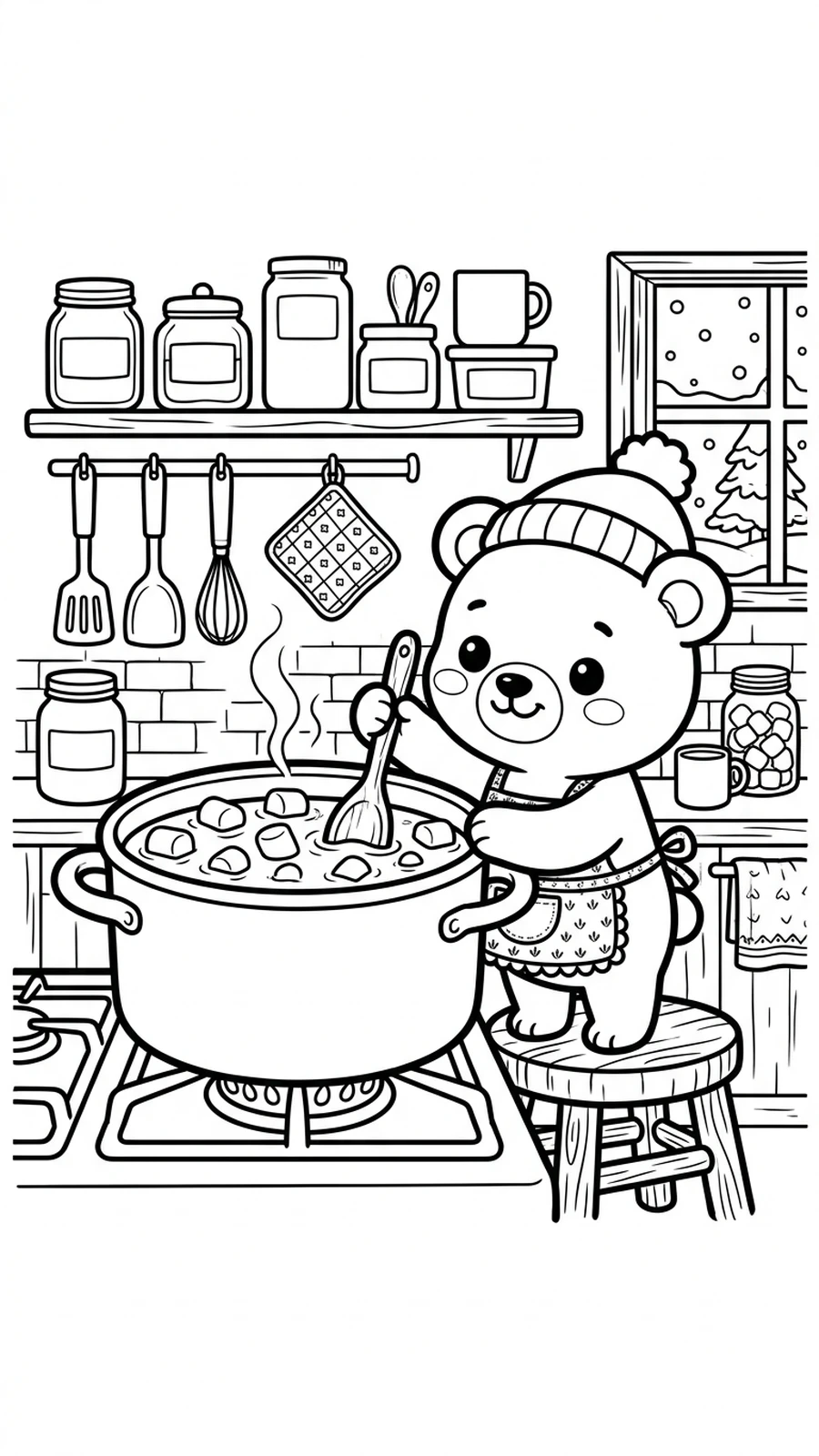 Coloriage ourson remuant une grande marmite de chocolat chaud aux guimauves, cuisine d'hiver cosy