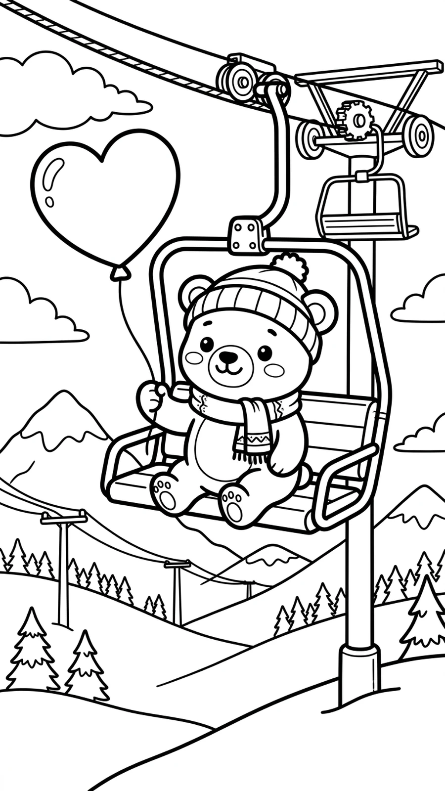 Coloriage ourson tenant un ballon en forme de cœur sur un télésiège au-dessus des pistes enneigées