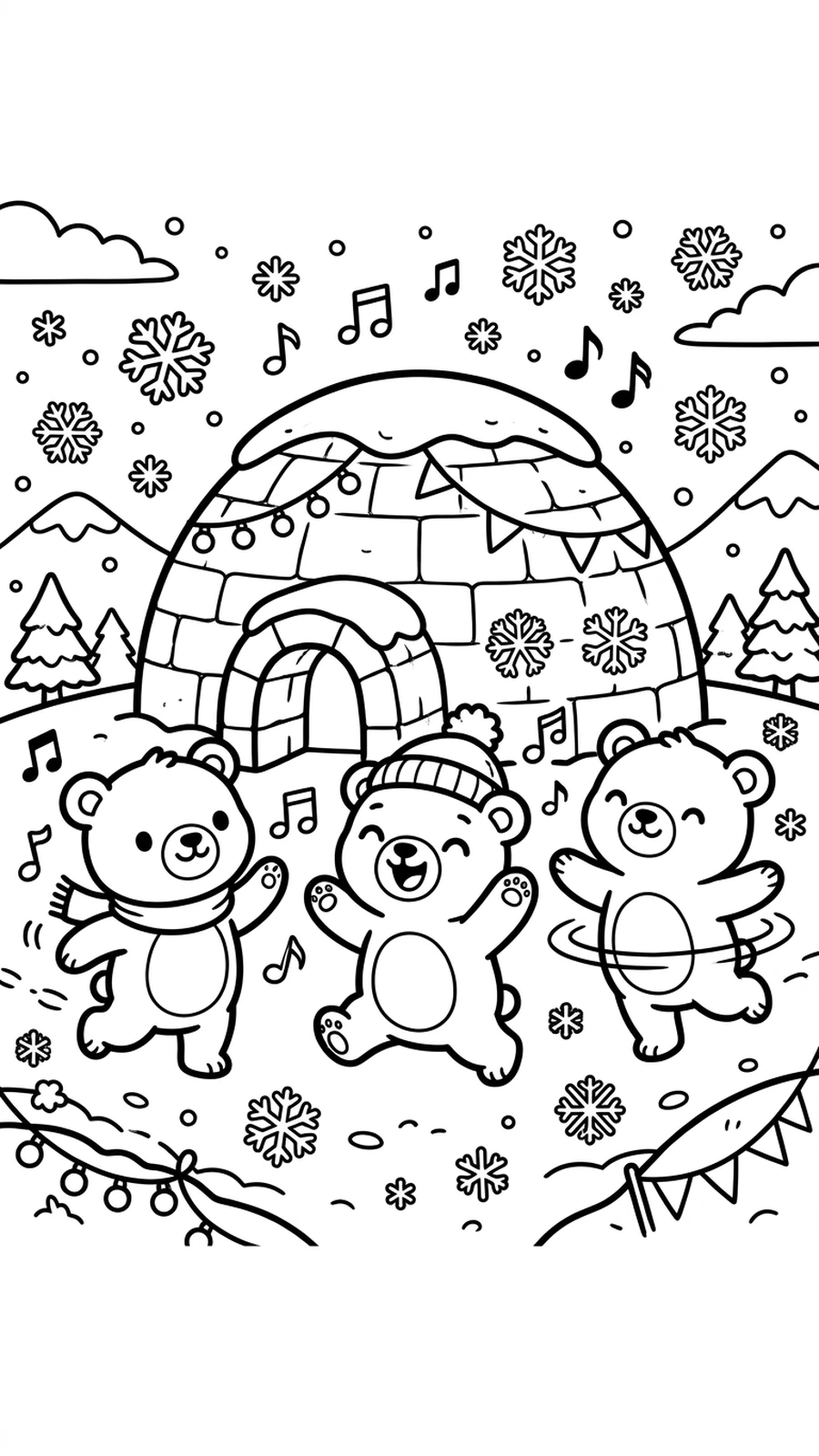 Coloriage oursons dansant à une fête de la neige devant un igloo, notes de musique et flocons