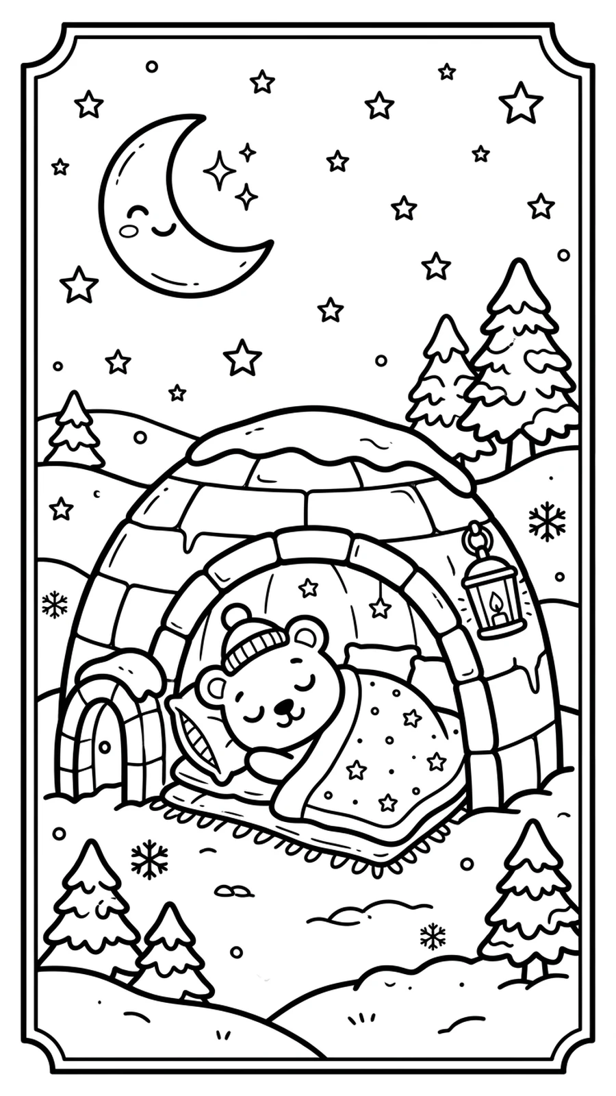 Coloriage ourson endormi dans un igloo sous un croissant de lune et les étoiles, nuit d'hiver paisible