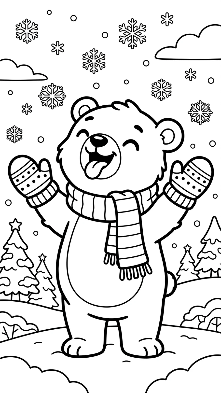 Coloriage ourson attrapant des flocons de neige avec la langue, moufles et écharpe, scène joyeuse