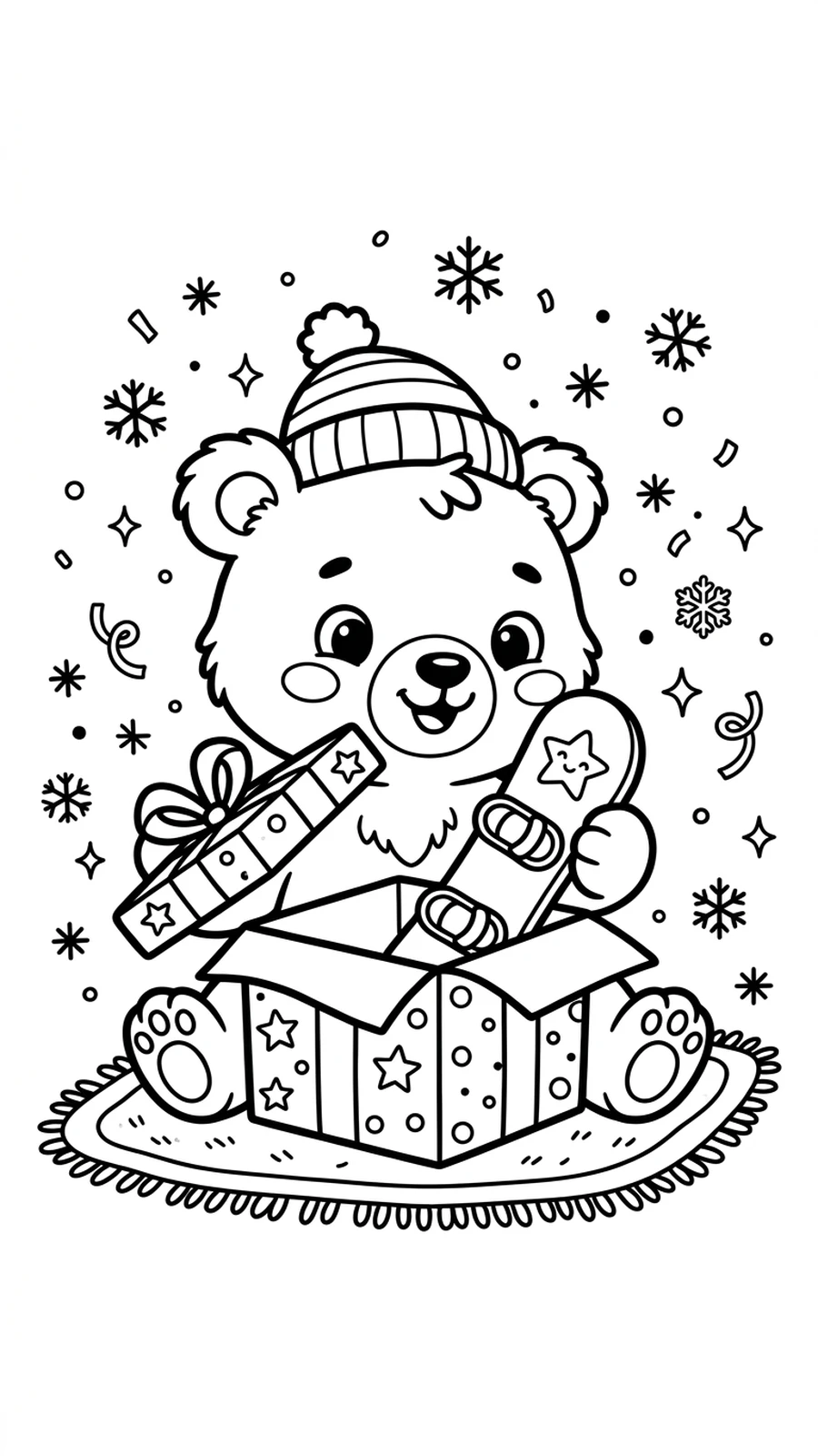 Coloriage ourson ouvrant un cadeau contenant un petit snowboard, flocons confettis autour