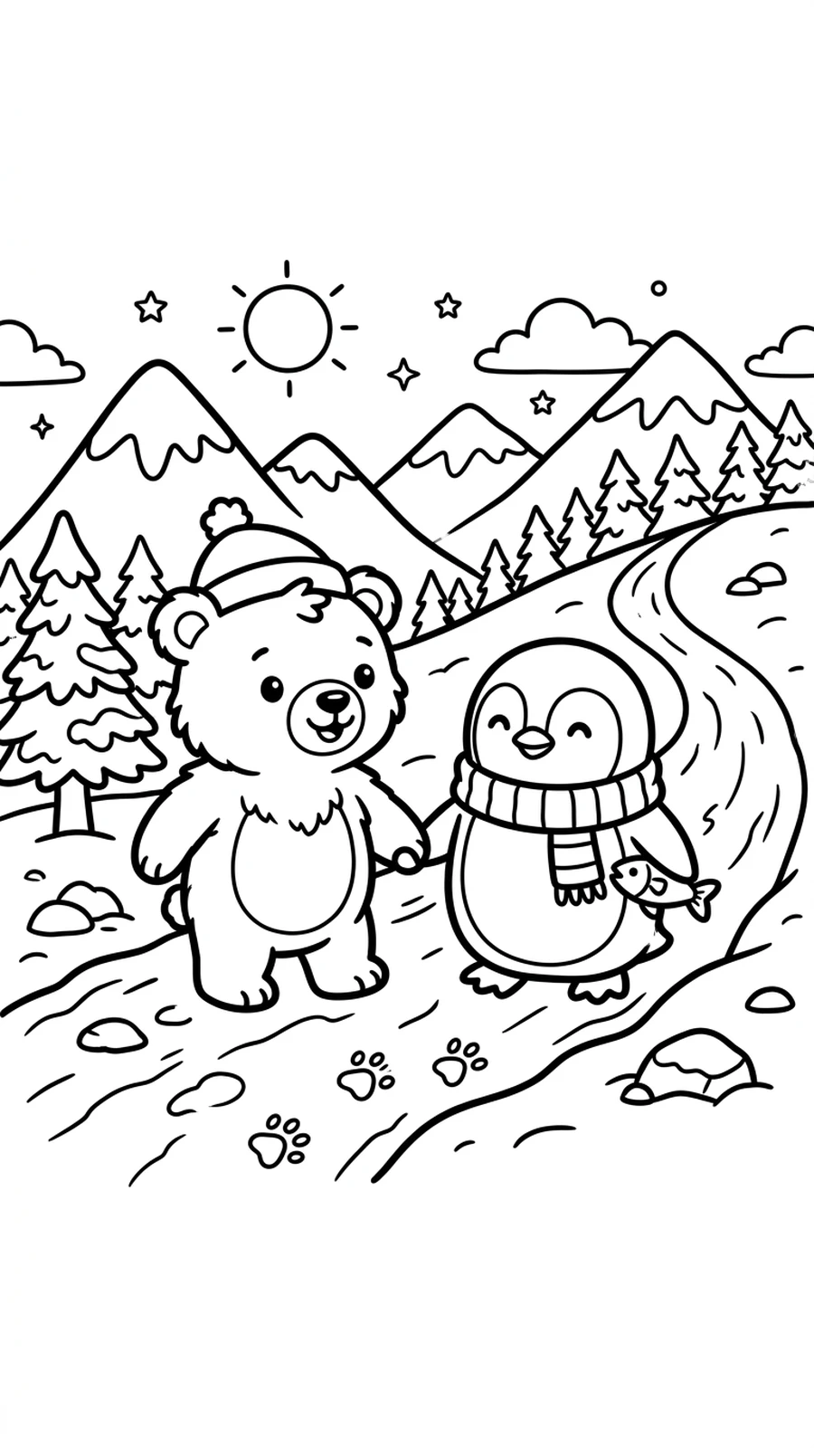 Coloriage ourson et pingouin se tenant la main sur une pente enneigée, montagnes derrière eux