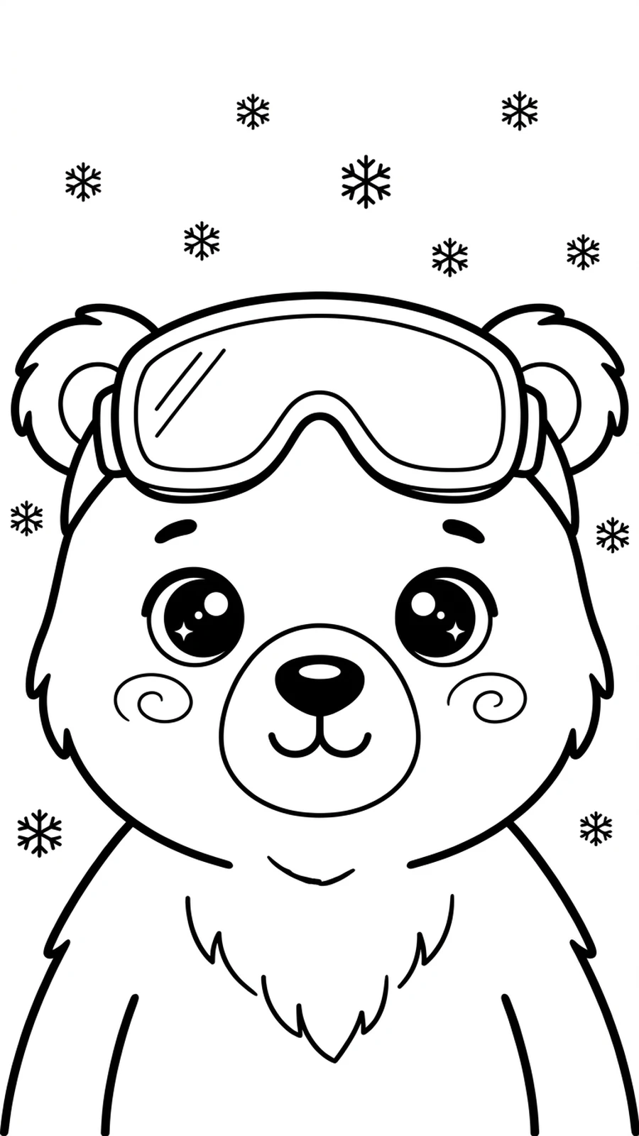 Coloriage gros plan d'un ourson avec des lunettes de ski sur le front, flocons de neige autour