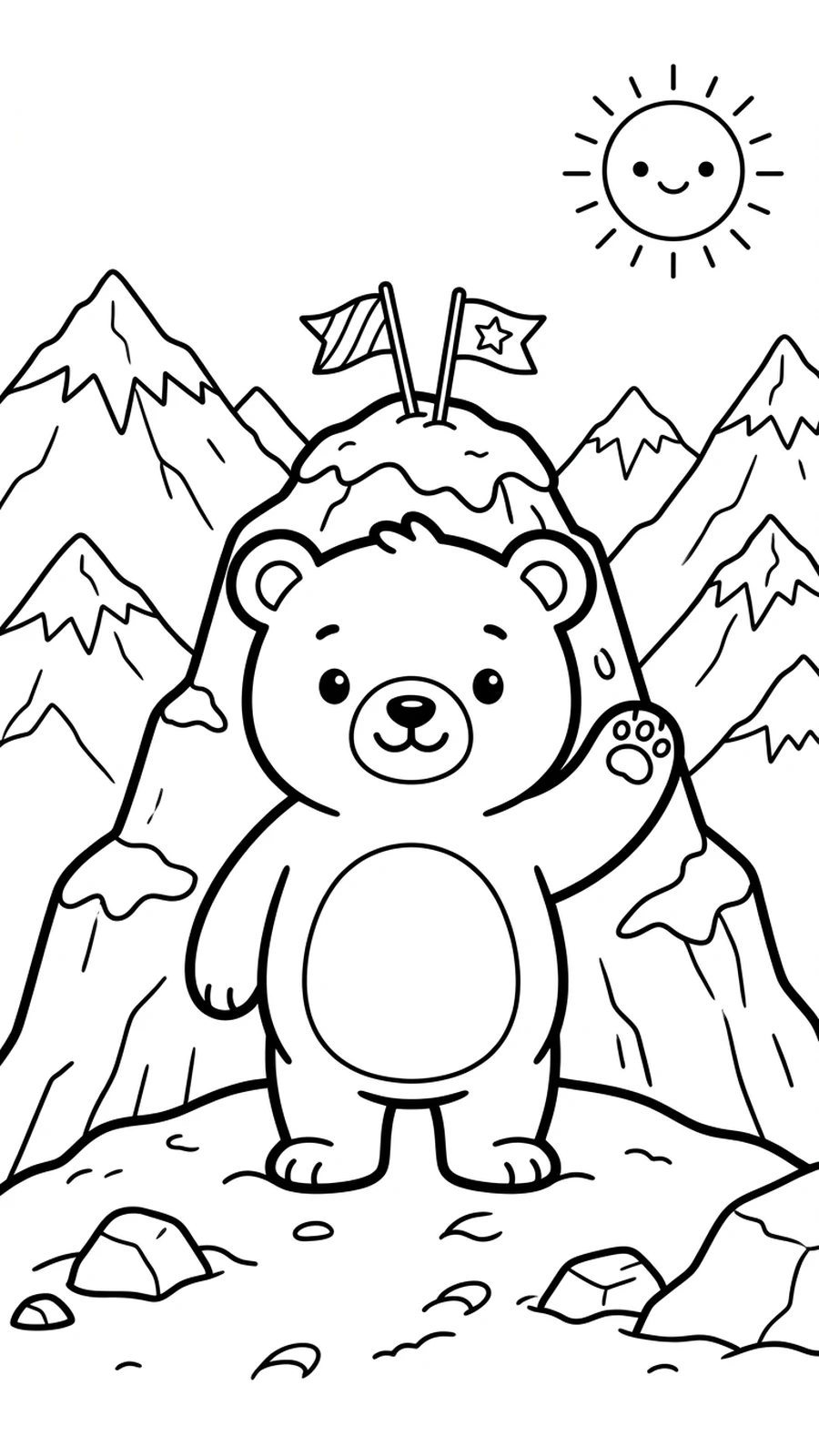 Coloriage ourson faisant signe de la main au sommet d'une montagne enneigée, drapeaux et soleil