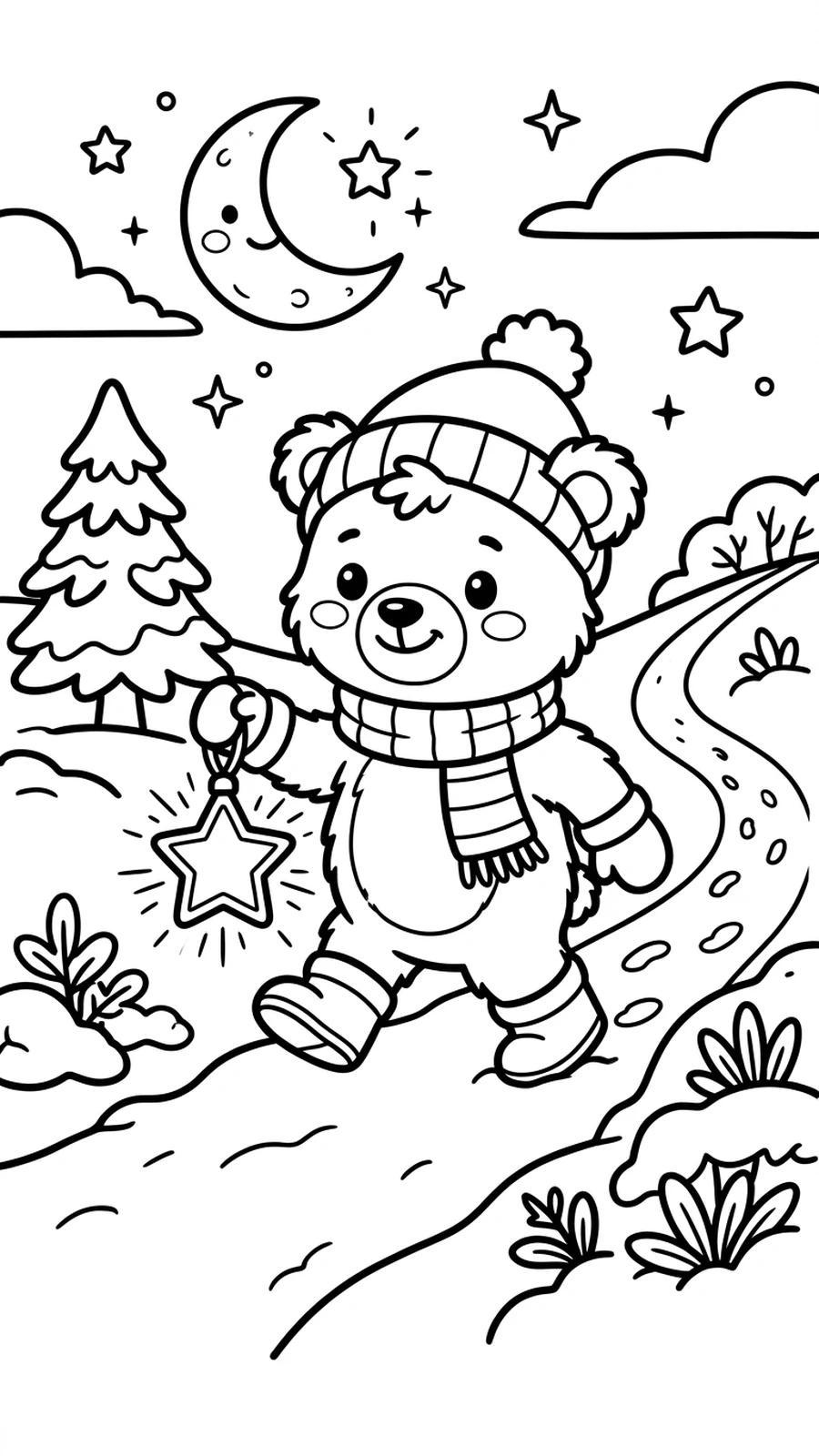 Coloriage ourson tenant une lanterne étoile sur une pente enneigée la nuit, croissant de lune et étoiles