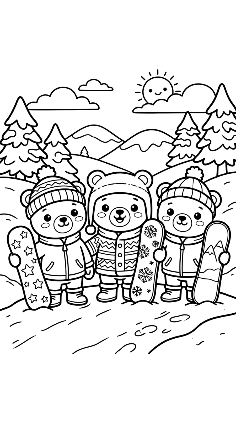 Coloriage trois oursons amis avec leurs snowboards sur une pente enneigée, scène de groupe à la montagne